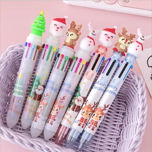 Christmas 10-color shuttle pens with cute 3D cartoon toppers in a cozy gift basket