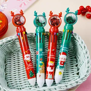 Weihnachts-Kugelschreiber mit 10 Farben, Rentier-Aufsatz und Pailletten im Geschenkset
