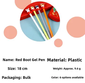 Detail showing creative Christmas red boot gel pens with cartoon animal characters