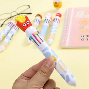 Detail of 10-color shuttle pen with cheese cow pattern and red fries silicone topper