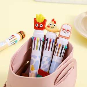 Detail of 10-color shuttle pens featuring cute silicone fries, pizza, and toast toppers