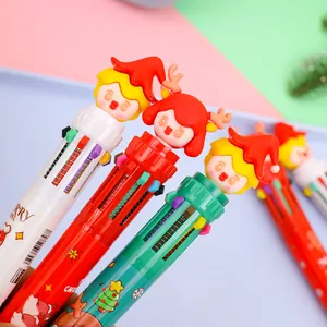 Christmas 10-color ballpoint pen set with cute reindeer and Santa hat cartoon toppers