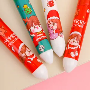Detail of Christmas retractable ballpoint pens featuring festive deer and girl illustrations