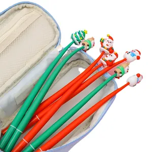Christmas cartoon gel pen set with silicone holiday figures and light blue pencil case