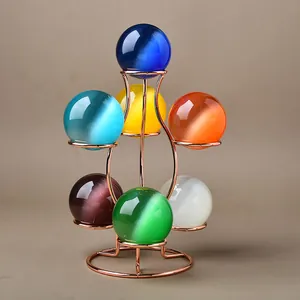 Seven-sphere crystal ball metal stand with colorful cat eye stones for home desk decor