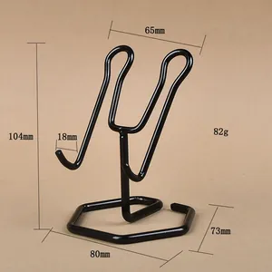 Front view of black metal rabbit phone stand with detailed size and weight specs