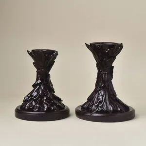 Leaf carved resin display stands for crystal balls in vintage dark brown glossy finish