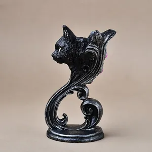 Gothic black cat resin sculpture with baroque silver base and pink beads for home decor