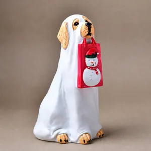 Detailed dimensions of ghost dog resin statue with snowman bag for holiday home decor