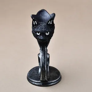 Vintage black cat resin crystal ball base stand with silver textured finish for desk decor