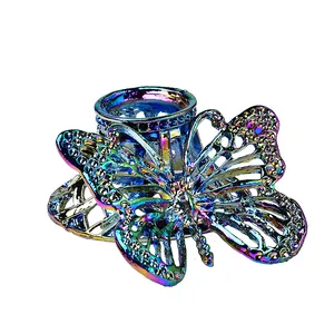 Supporto per sfera di cristallo a farfalla iridata con strass e base in metallo
