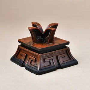 Vintage Resin Crystal Ball Base Fang Ding Style Display Stand Antique Red Copper Finish For Mineral Stone Jade Decor