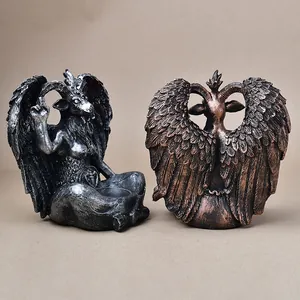 Detailed front and back views of Baphomet resin statues with metallic finish textures
