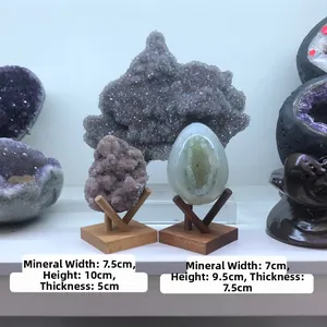 Detailed size view of natural amethyst and quartz with solid wood display stands