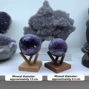 Macro view of amethyst geodes on wooden display stands with mineral diameter details