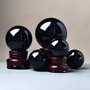 Black Glass Feng Shui Ball Ornament With Wood Base High Polish Mirror Surface Decorative Ball For Home Office Desktop Decor