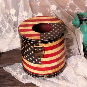 Boîte à mouchoirs ronde vintage drapeau USA en cuir PU avec boucle en métal antique