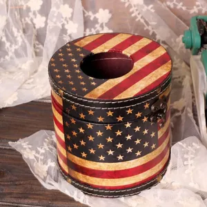 Boîte à mouchoirs ronde en cuir vintage avec motif drapeau et rivets métalliques