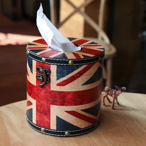 Boîte à Mouchoirs Ronde en Cuir Vintage Motif Drapeau Britannique Américain Effet Vieilli Décoration de Maison