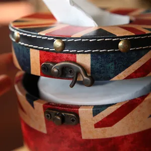 Porte-boîte à mouchoirs rond en cuir Union Jack vintage avec boucle en métal rustique