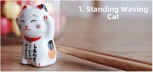 Ceramic standing Lucky Cat chopstick rest with traditional tricolor beckoning pattern