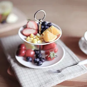 Tiered Ceramic Dessert Stand White Round Cake Plate With Stainless Steel Handle For Afternoon Tea Serving Tray Home Decor