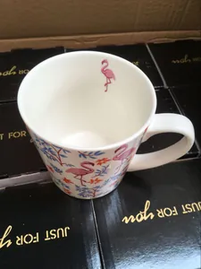 Pink flamingo ceramic mug with tropical leaf patterns and matching gift box packaging