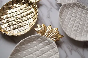 Golden pineapple ceramic decorative tray for jewelry storage and table centerpiece