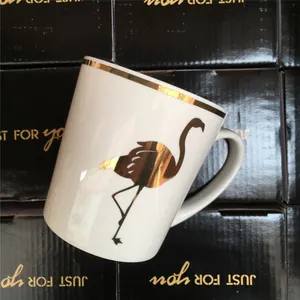 Pink flamingo ceramic mug with golden rim and handle on premium black gift box set