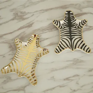 European Ceramic Zebra Skin Shape Jewelry Tray Decorative Gold Plated Animal Pattern Trinket Dish Home Storage Plate For Rings Earrings Women