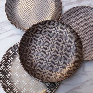 Luxury Ceramic Round Dining Plate Embossed Geometric Gold Caramel Retro Dinnerware For Home Hotel Party