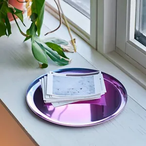 Nordic minimalist round metal tray with iridescent titanium finish for home storage