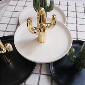 Ceramic cactus jewelry tray organizer in gold and green finishes for rings and earrings