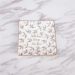Ceramic Square Jewelry Tray Gold Rim Swallow Print With Brave Wings She Flies Motivational Decorative Storage Dish Home Decor