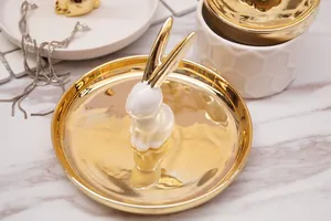 Nordic ceramic rabbit jewelry tray with golden base for elegant ring storage