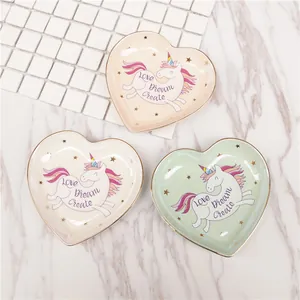 Herzförmige Keramik Schmuckschale Mit Goldrand Fantasy Einhorn Love Dream Create Dekorative Schmuckplatte Für Damen Mädchen Geschenk