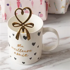 Mug en Céramique Cœur Élégant Style Français Avec Lettre en Or Motif Ma Amie Tasse à Café Thé Cadeau pour Maison Bureau