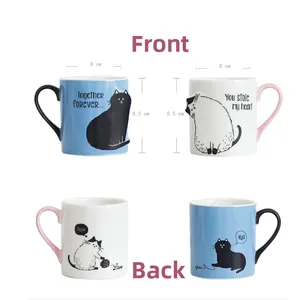 Front and back views of 3D ceramic cat mugs with 8cm diameter and 8.5cm height