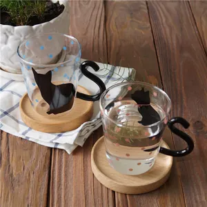 Cat tail handle glass mugs with cute polka dots and natural wooden paw coasters set