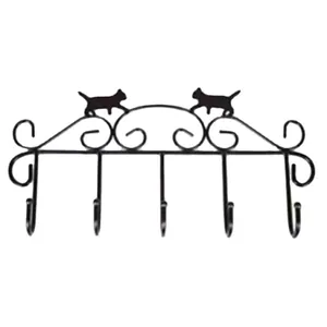 Vintage black wrought iron wall hook rack featuring five hooks and cute cat silhouettes