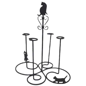 Japanese style black wrought iron cat cup holder and drying rack for countertop storage