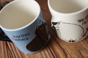 Macro view of blue and white ceramic cat-themed mugs with together forever text on wood