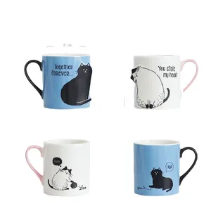 Set of ceramic cat mugs with hand-drawn designs and Together Forever typography