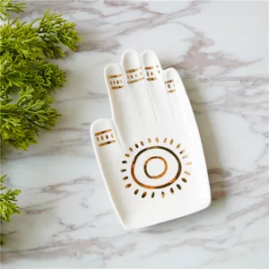 Keramische Handvormige Sieradenschotel Wit Goud Zon Patroon Decoratieve Opbergtray Voor Ringen Oorbellen Ketting Home Decor