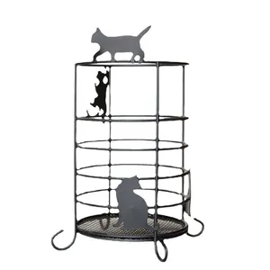 Vintage Stiftehalter aus schwarzem Metall mit Katzen-Silhouetten und Eisennetz-Boden