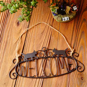 Retro Metal Cat Welcome Sign Iron Hollow Out Hanging Door Plate For Home Garden Cafe Wall Decor With Hemp Rope