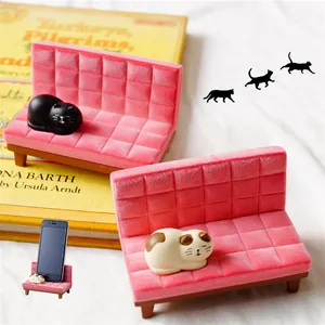 Japanese Style Resin Cat Pink Flocking Sofa Mobile Phone Holder Lazy Stand Desktop Ornament Home Office Decor Figurine