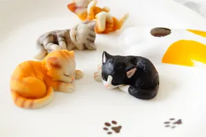 Imanes de nevera 3D de gatos japoneses durmiendo en varias razas sobre una bandeja