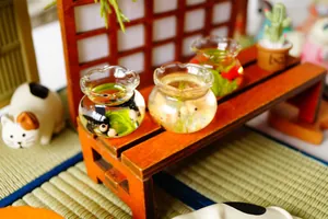 Miniature goldfish bowl ornaments with colorful fish and aquatic plants for dollhouses
