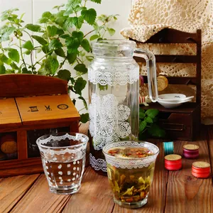 Brocca per l'Acqua in Vetro con Motivo in Pizzo Stile Retrò e Bicchieri Caraffa Resistente al Calore per Succhi Tè Freddo